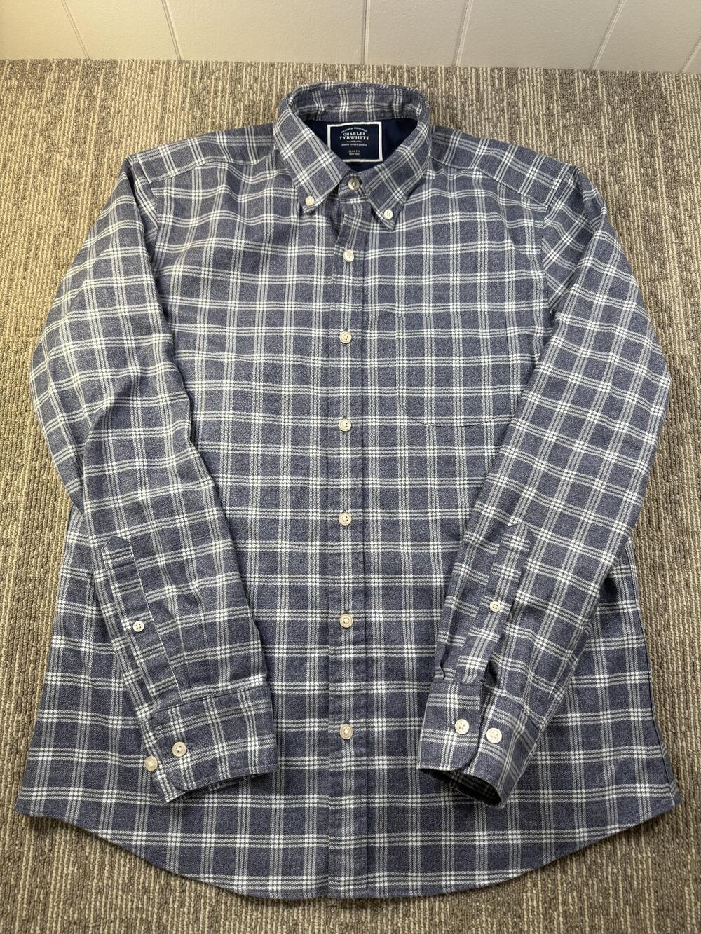 Charles Tyrwhitt‎ Shirt Mens Medium Blue Plaid Flannel Long Sleeve Button Down